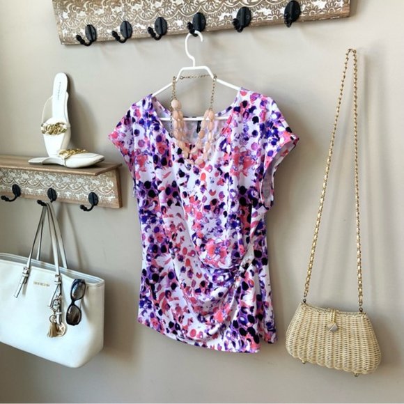 Short sleeve purple pink pattern blouse size large - Picture 3 of 4